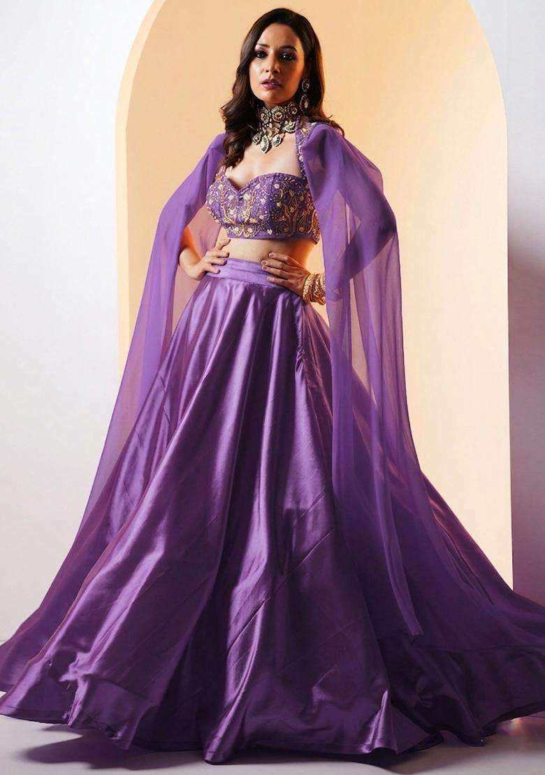 Dark Lavender Embroidered Handwork Lehenga Set - Indya