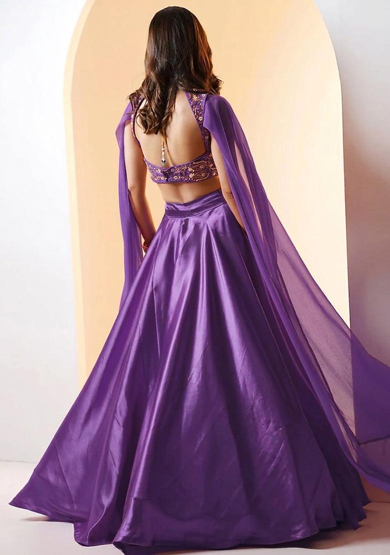 Dark Lavender Embroidered Handwork Lehenga Set - Indya