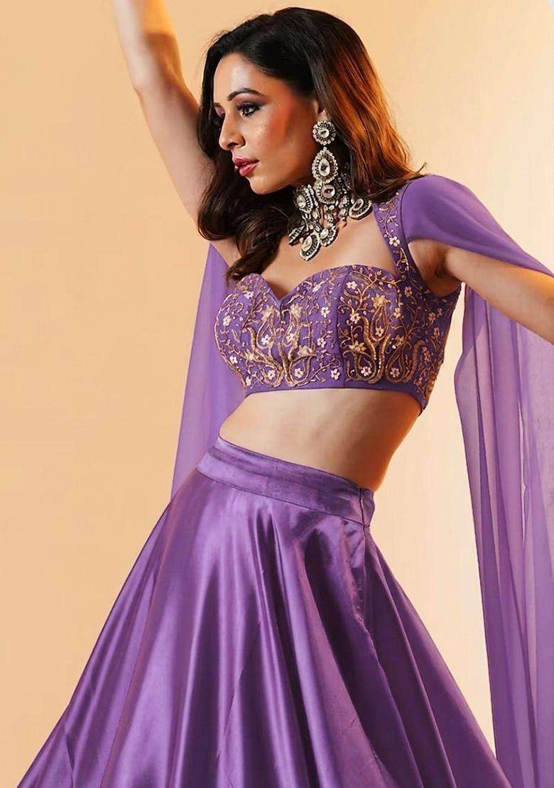 Dark Lavender Embroidered Handwork Lehenga Set - Indya