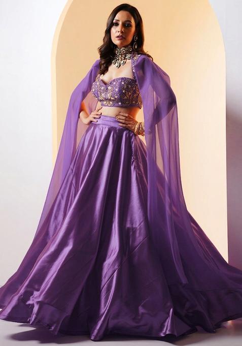 Dark Lavender Embroidered Handwork Lehenga Set