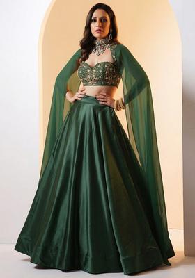 Olive Green Embroidered Handwork Lehenga Set