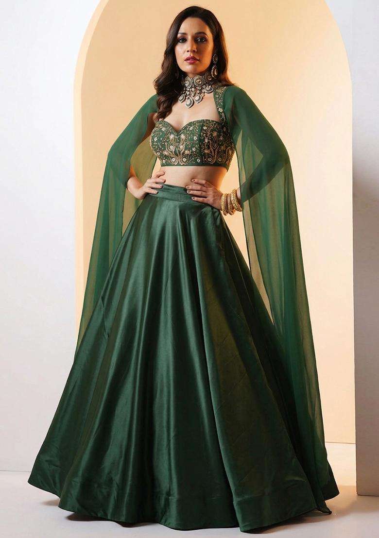 Olive Green Embroidered Handwork Lehenga Set - Indya