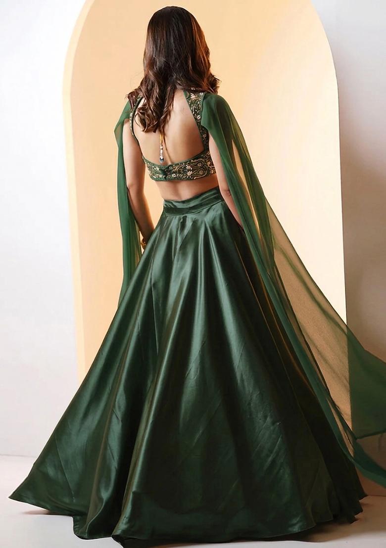 Olive Green Embroidered Handwork Lehenga Set - Indya