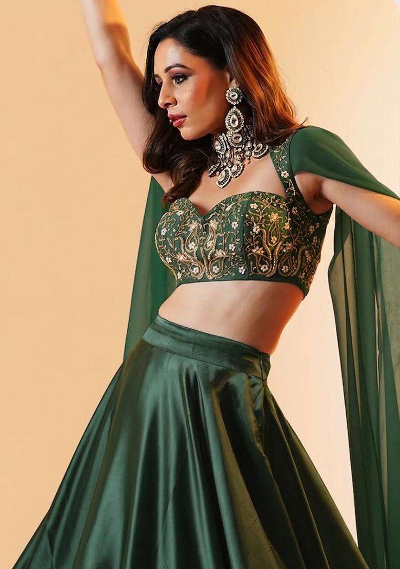 Olive Green Embroidered Handwork Lehenga Set - Indya