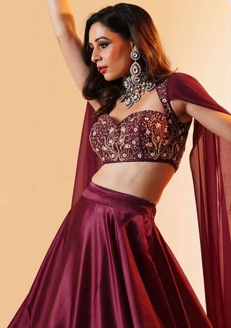 Maroon Embroidered Handwork Lehenga Set - Indya