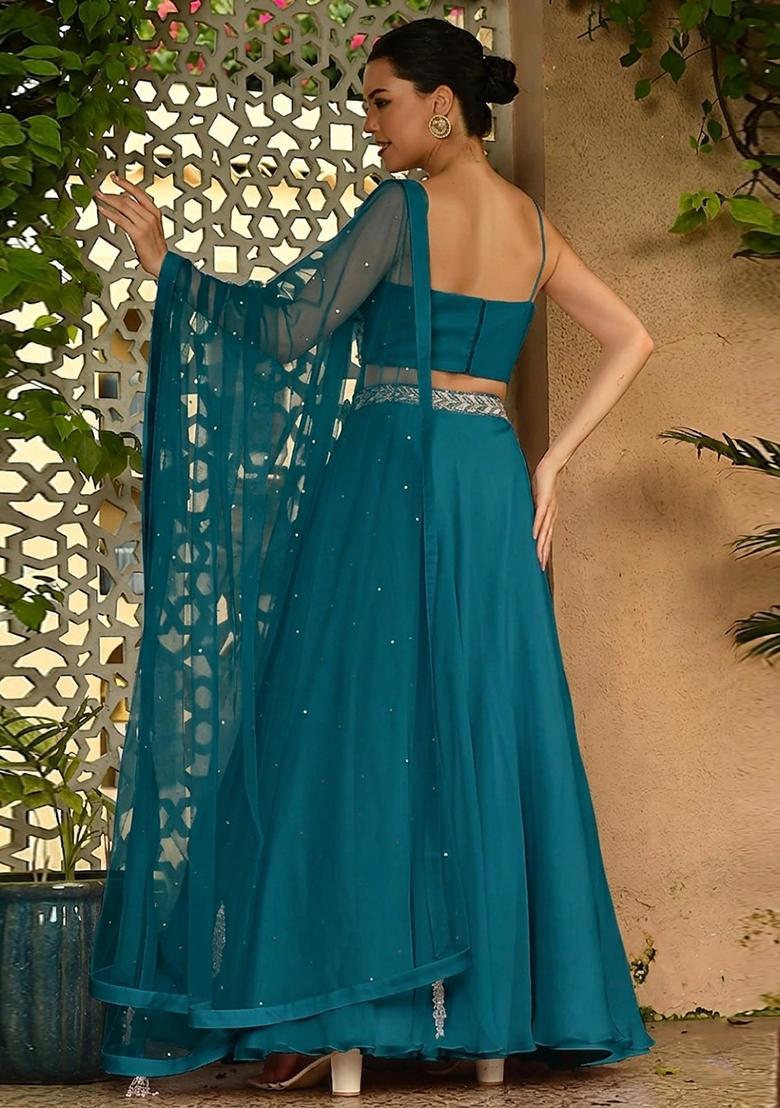Teal Blue Handwork Lehenga Set - Indya