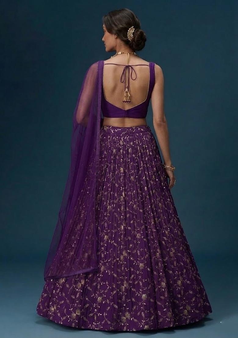 Royal Purple Embroidered Crepe Lehenga Set - Indya