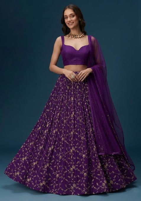 Royal Purple Embroidered Crepe Lehenga Set