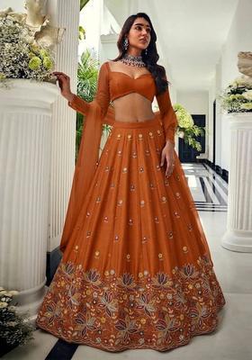 Burnt Orange Embroidered Moss Lehenga Set