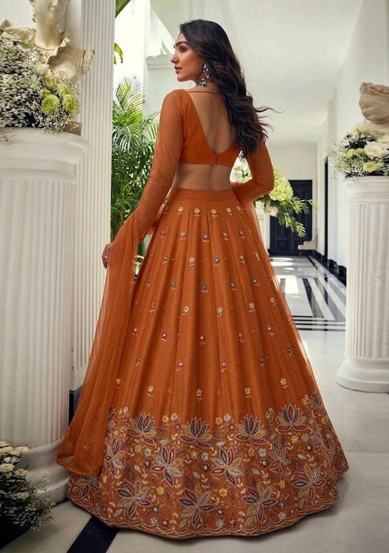Burnt Orange Embroidered Moss Lehenga Set - Indya