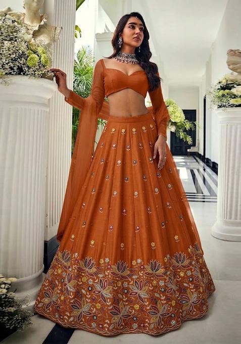 Burnt Orange Embroidered Moss Lehenga Set