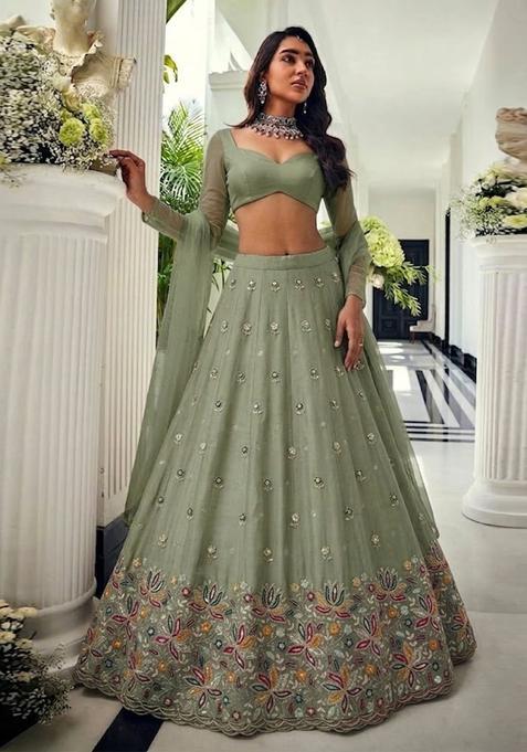 Sage Green Embroidered Moss Lehenga Set