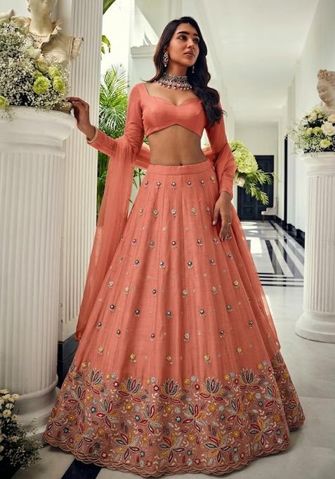 Peach Embroidered Moss Lehenga Set