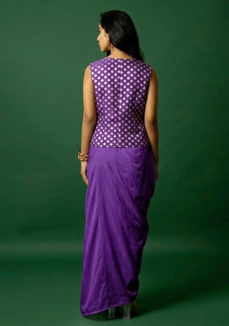 Royal Purple Jacquard Silk Fusion Set - Indya