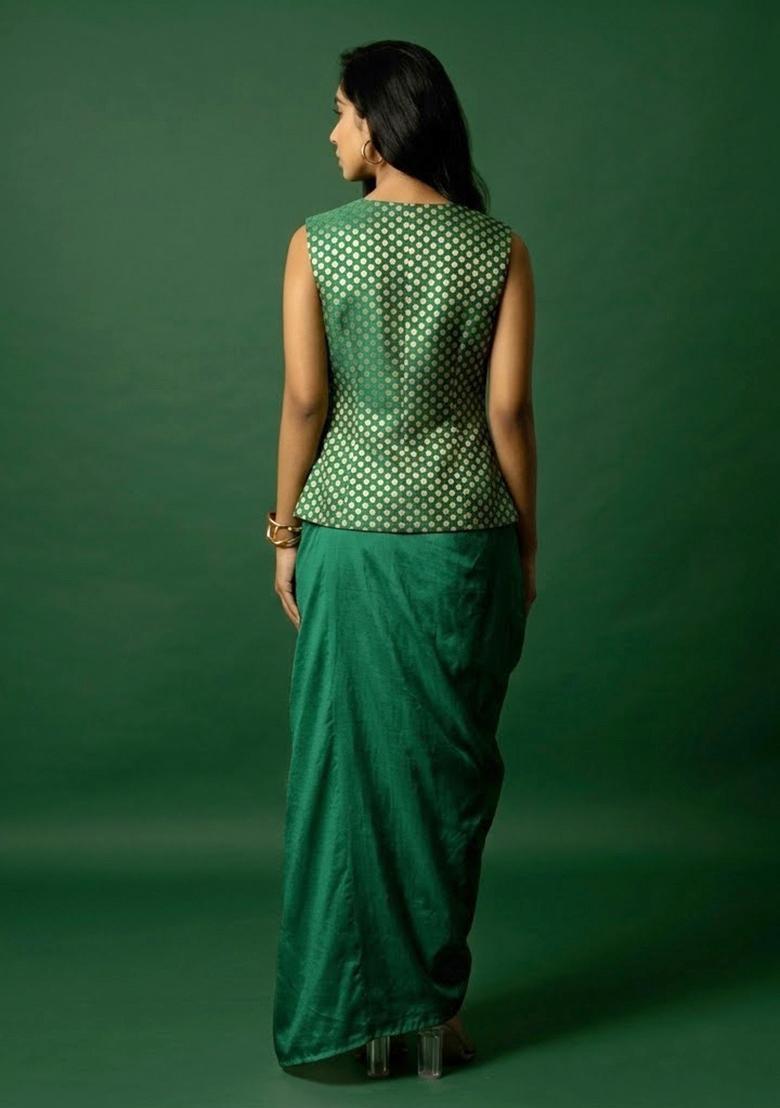 Emerald Green Jacquard Silk Fusion Set - Indya