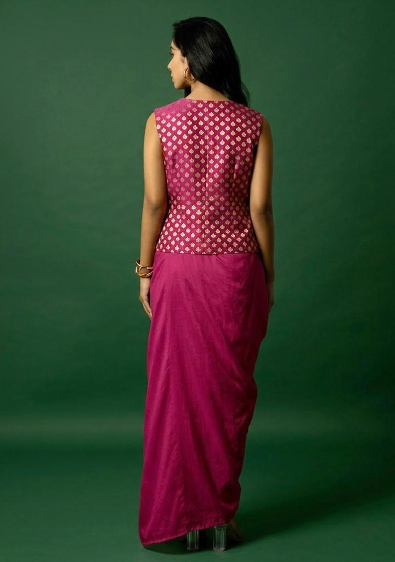 Magenta Pink Jacquard Silk Fusion Set - Indya