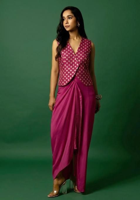 Magenta Pink Jacquard Silk Fusion Set