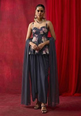 Navy Blue Printed Georgette Fusion Set