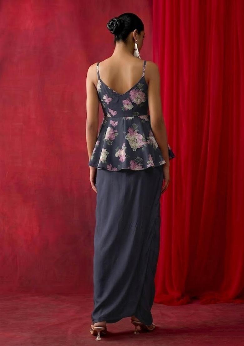 Navy Blue Printed Georgette Fusion Set - Indya