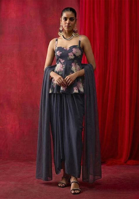 Navy Blue Printed Georgette Fusion Set