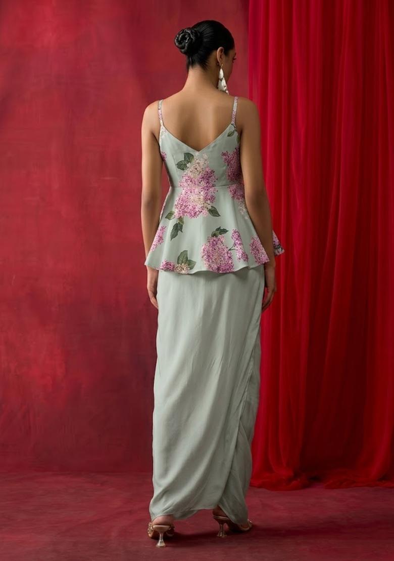 Mint Green Printed Georgette Fusion Set - Indya