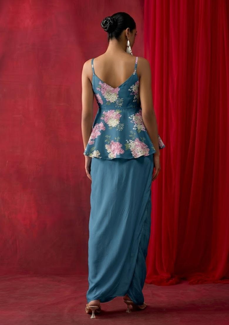 Teal Blue Printed Georgette Fusion Set - Indya