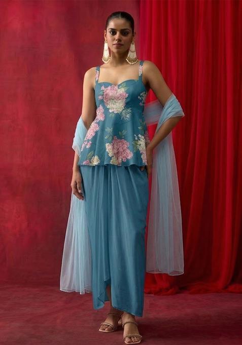 Teal Blue Printed Georgette Fusion Set