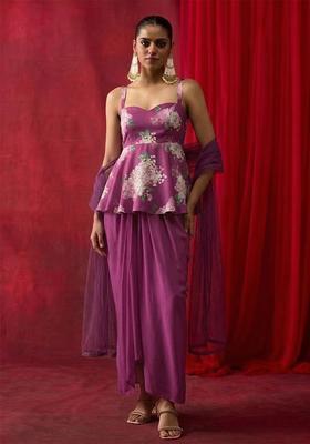 Magenta Purple Printed Georgette Fusion Set