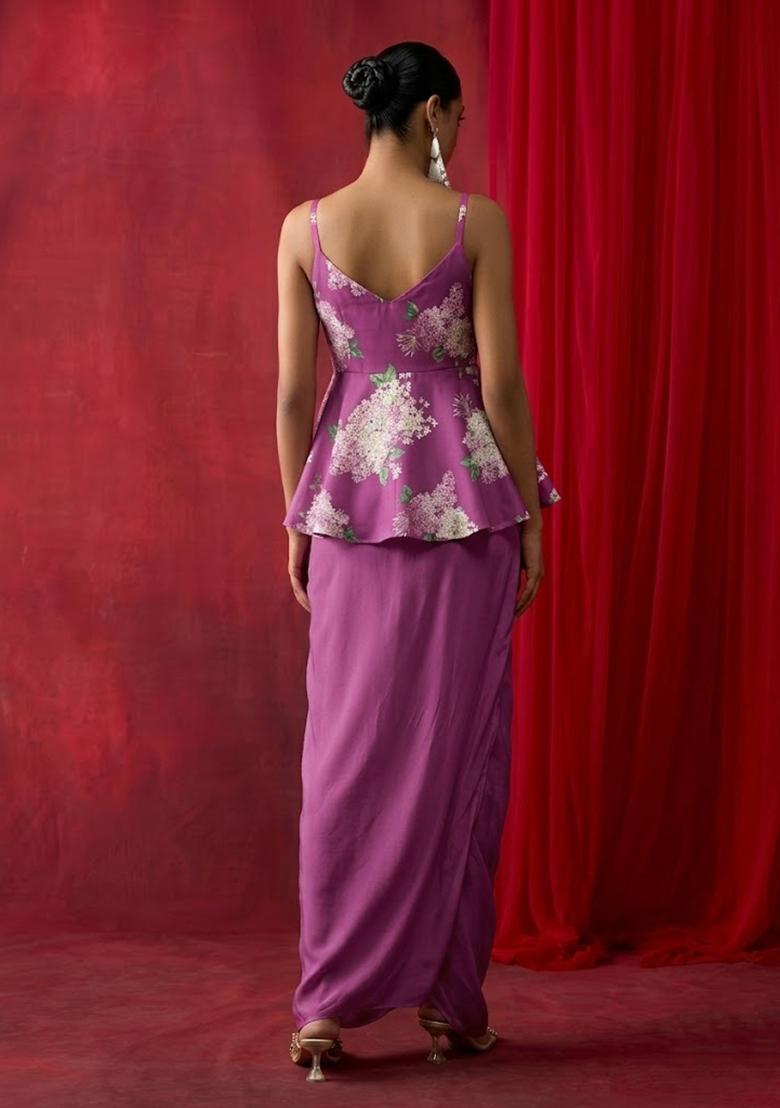 Magenta Purple Printed Georgette Fusion Set - Indya