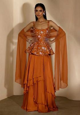 Burnt Orange Embroidered Crepe Fusion Set