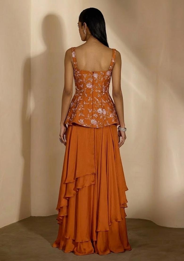 Burnt Orange Embroidered Crepe Fusion Set - Indya