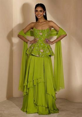 Lime Green Embroidered Crepe Fusion Set