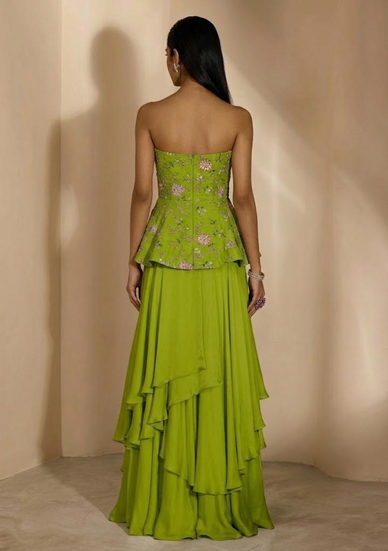Lime Green Embroidered Crepe Fusion Set - Indya