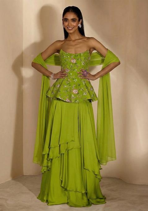 Lime Green Embroidered Crepe Fusion Set