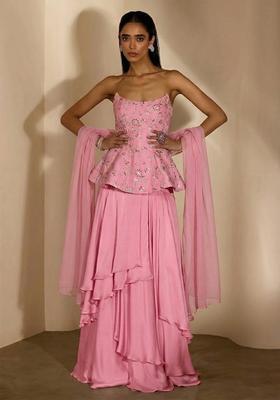 Baby Pink Embroidered Crepe Fusion Set