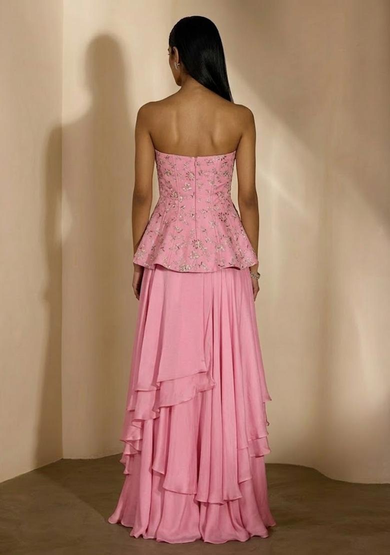 Baby Pink Embroidered Crepe Fusion Set - Indya