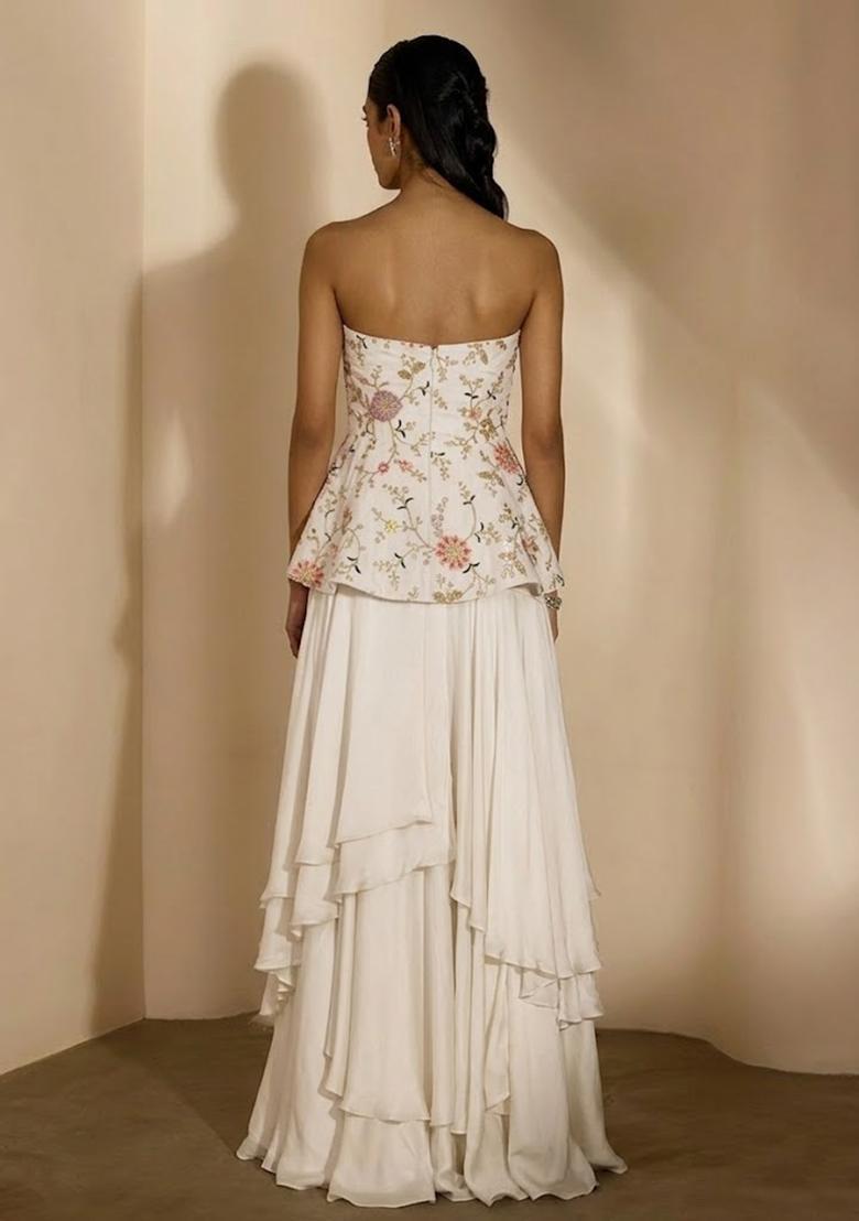 White Embroidered Crepe Fusion Set - Indya