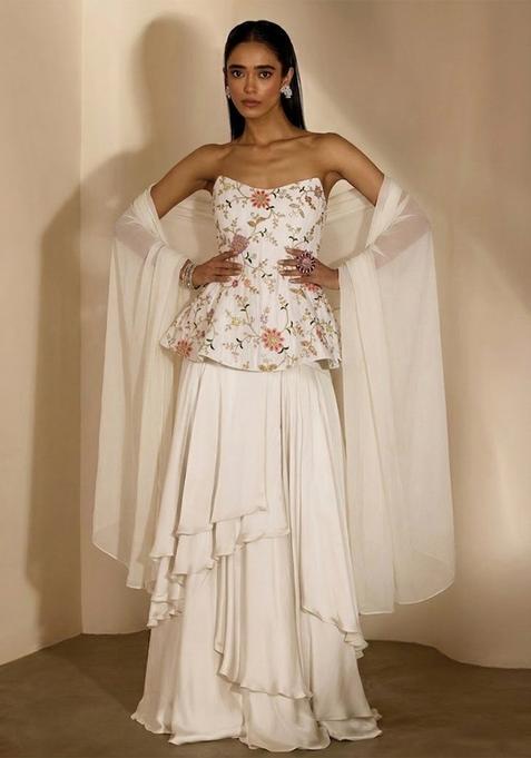 White Embroidered Crepe Fusion Set