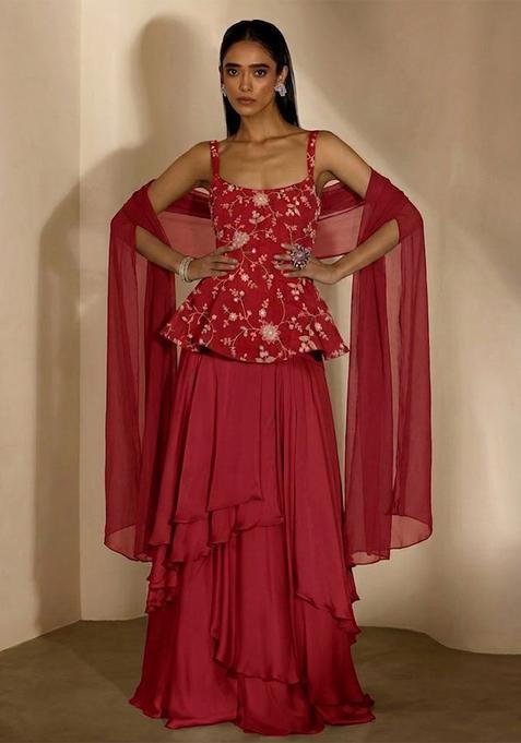 Maroon Embroidered Crepe Fusion Set