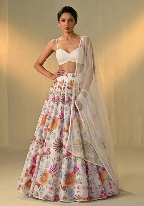 Ivory White Printed Organza Lehenga Set