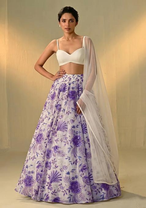 Ivory White Printed Organza Lehenga Set