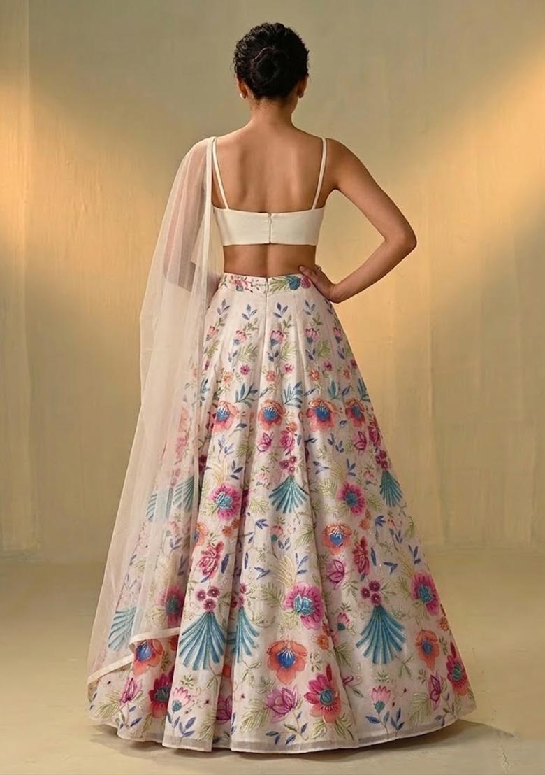 Ivory White Printed Organza Lehenga Set - Indya