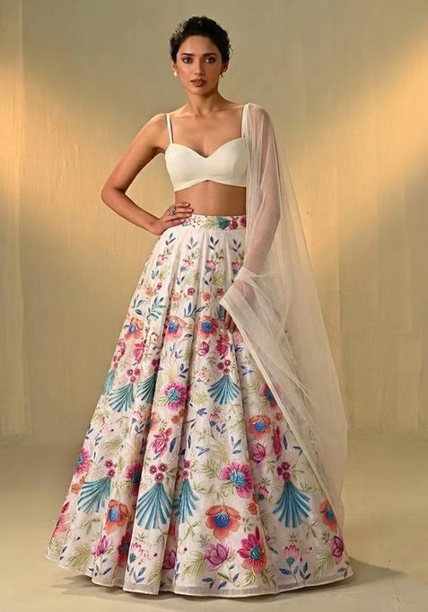Ivory White Printed Organza Lehenga Set