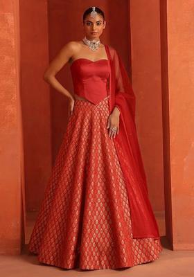 Bright Red Jacquard Brocade Lehenga Set