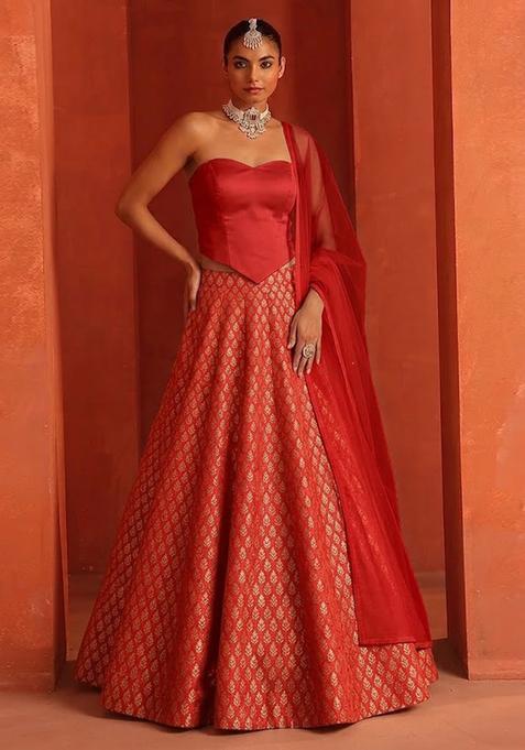 Bright Red Jacquard Brocade Lehenga Set