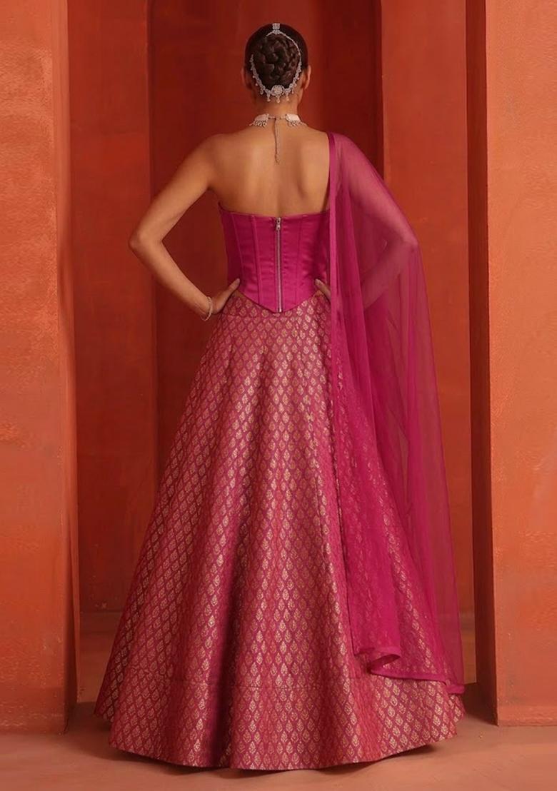 Magenta Pink Jacquard Brocade Lehenga Set - Indya
