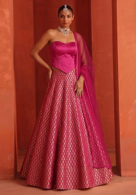 Magenta Pink Jacquard Brocade Lehenga Set