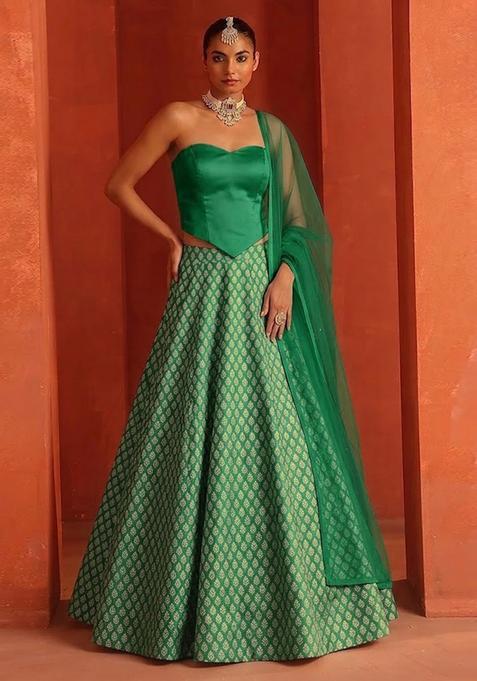 Emerald Green Jacquard Brocade Lehenga Set