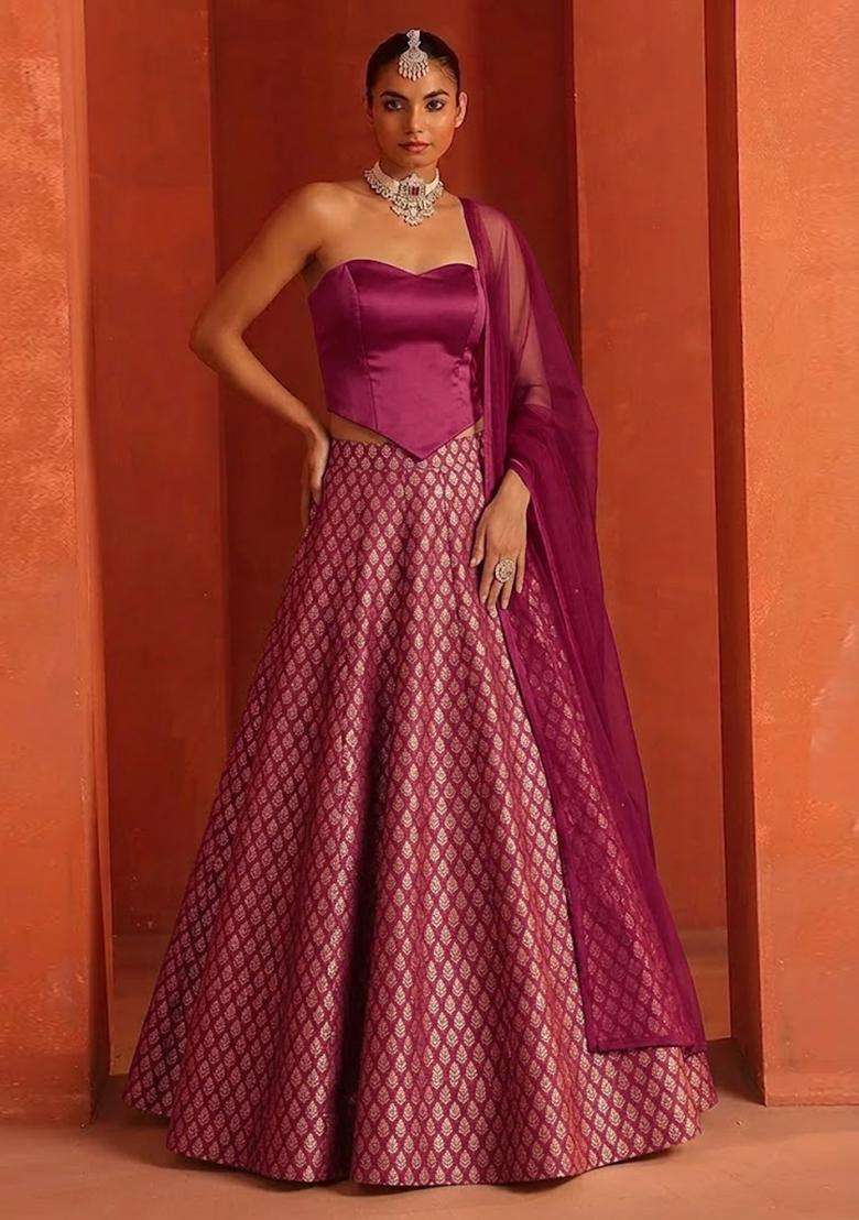 Wine Jacquard Brocade Lehenga Set for Diwali | Wedding & Festive Wear - Indya