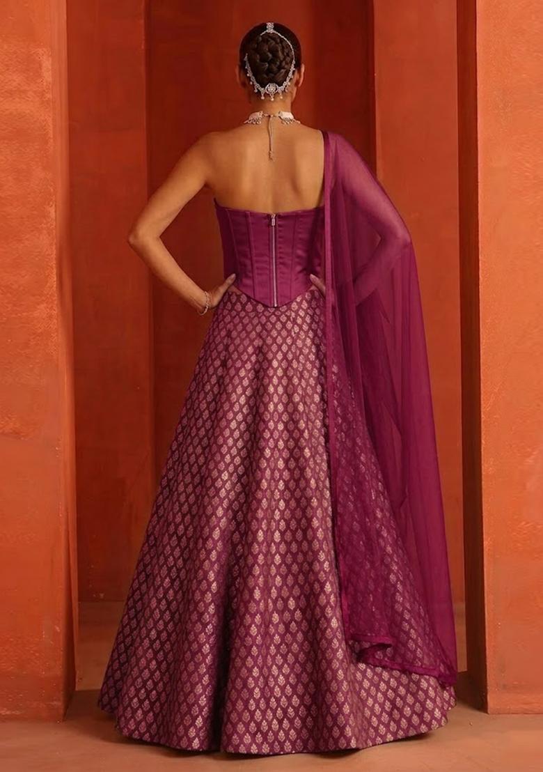 Wine Jacquard Brocade Lehenga Set - Indya